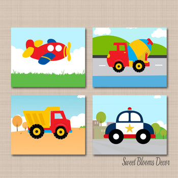 Transportation Nursery Wall Art Kids Room Decor Construction Trucks Planes Police Car Dump Truck Baby Boy Bedroom Decor C566-Sweet Blooms Decor