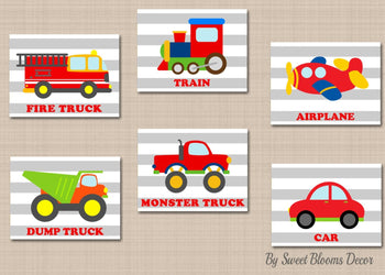 Transportation Nursery Wall Art Names Playroom Wall Decor Cars Planes Train Fire Truck Dump Truck Baby Shower Gift C301-Sweet Blooms Decor