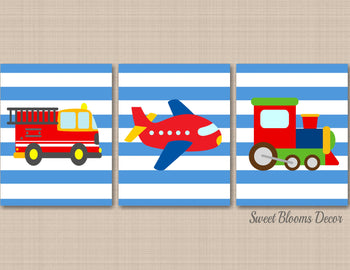 Transportation Nursery Wall Art Trains Planes Fire Trucks Baby Boy Bedroom Decor Blue red Green Baby Shower Gift Decor C593-Sweet Blooms Decor