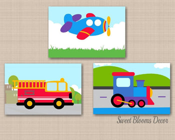 Transportation Nursery Wall Art Transportation Boy Bedroom Decor Trains Air Planes Fire Trucks Playroom Bathroom C309-Sweet Blooms Decor