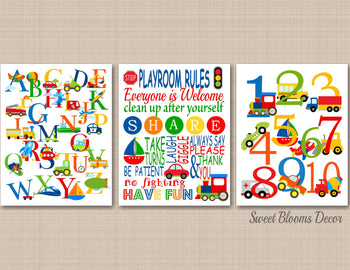 Transportation Nursery Wall Art Transportation Kids Playroom Alphabet Numbers Wall Art Transportation Kids Room Decor-Sweet Blooms Decor