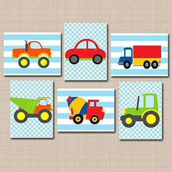 Transportation Nursery Wall Art Transportation Kids Room Decor Construction Wall Art Blue Gray Cars Dump Truck Tractor Mixer Playroom C488-Sweet Blooms Decor