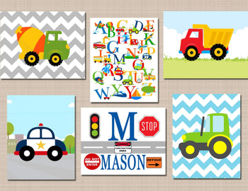 Transportation Nursery Wall Art Trucks Construction Cars Planes Trains Tractor Dump Truck Mixer Road Signs Alphabet C542-Sweet Blooms Decor