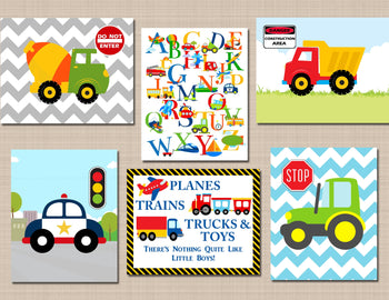 Transportation Nursery Wall Art Trucks Playroom Decor Alphabet Trains Plains Tractor Dump Truck BAby Boy Bedroom Decor C542-Sweet Blooms Decor