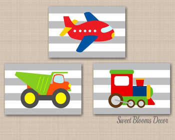 Transportation Wall Art Trains Planes Dump Truck Boy Bedroom Decor Red Blye Green Gray Stripes Playroom Wall Art C538-Sweet Blooms Decor