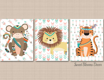 Tribal Animals Nursery Wall Art Decor Jungle Animals Nursery Wall Art Zoo Arrows Safari Nursery Decor Mint Gray Lion Tiger Monkey C516-Sweet Blooms Decor
