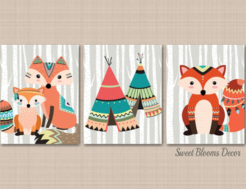 Tribal Fox Nursery Wall Art Decor Woodland Nursery Decor Teepee Hut Tent Aztec Mint Coral Gray Modern Baby Shower Gift 517-Sweet Blooms Decor