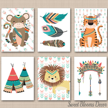 Tribal Nursery Wall Art Jungle Animals Nursery Wall Art Safari Decor Zoo Animals Nursery Wall Art Mint Arrows Nursery Decor C262-Sweet Blooms Decor