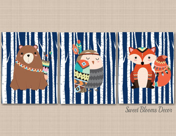 Tribal Woodland Nursery Decor Wall Art Navy Blue Coral Orange Arrows Aztec Birch Trees Fox Bear Owl Baby Shower Gift 438-Sweet Blooms Decor
