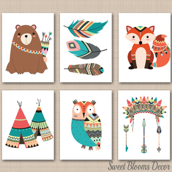 Tribal Woodland Nursery Wall Art Decor Woodland Wall Art Tee Pee Arrows Feathers Modern Tribal Fox Bear Owl Aztec C548-Sweet Blooms Decor