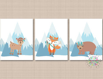 Tribal Woodland Nursery Wall Art Woodland Baby Boy Nursery Decor Bear Fox Raccoon Mountains Modern Baby Shower Gift C779-Sweet Blooms Decor