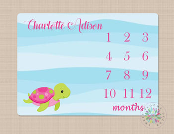 Turtle Milestone Blanket Monthly Growth Tracker Sea Animals Sea Turtle Ocean Pink Newborn Baby Girl  Bedding Blanket Baby Shower Gift B405