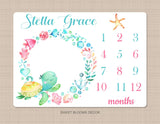 Turtle Milestone Blanket Monthly Watercolor Sea Animals Sea Turtle Ocean Newborn Baby Shower Gift Under The Sea Monthly Tracker  B1161