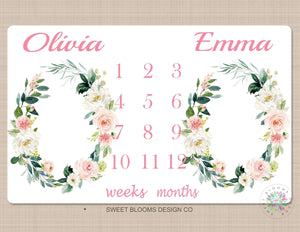 Twins Floral Milestone Blanket Girl Coral Blush Pink Flowers Personalized Wreath Nursery Baby Shower Gift Growth Tracker Twin Girls B725-Sweet Blooms Decor