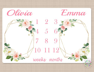 Twins Floral Milestone Blanket Girl Coral Pink Flowers Personalized Wreath Nursery Baby Shower Gift Growth Tracker Twin Girls B674-Sweet Blooms Decor
