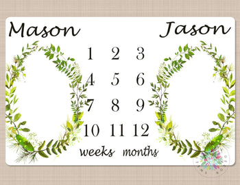 Twins Milestone Blanket Elephant Personalized Monthly Baby Boy Elephants Blanky Nursery Decor Baby Shower Gift Growth Tracker Leaves B467-Sweet Blooms Decor