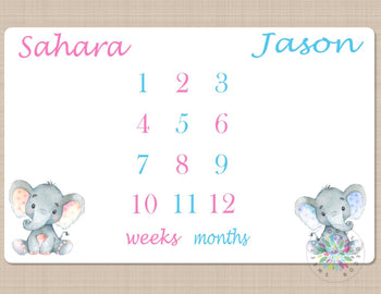 Twins Milestone Blanket Girl Boy Baby Elephant Personalized Monthly Pink Blue Elephants Blanky Nursery Shower Gift Growth Tracker B466-Sweet Blooms Decor
