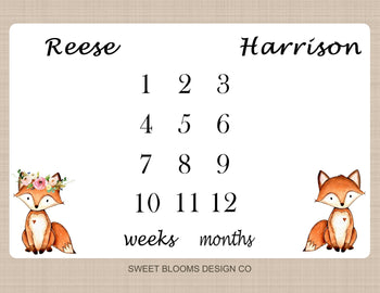 Twins Milestone Blanket Girl Boy Baby Fox Personalized Monthly Pink Blue Woodland Nursery DEcor Bedding Shower Gift Growth Tracker B525-Sweet Blooms Decor