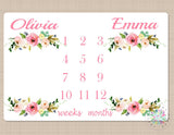 Twins Milestone Blanket Girl Pink Floral Personalized Monthly Nursery Baby Shower Gift Growth Tracker Twin Girls Blanket Gift B468-Sweet Blooms Decor