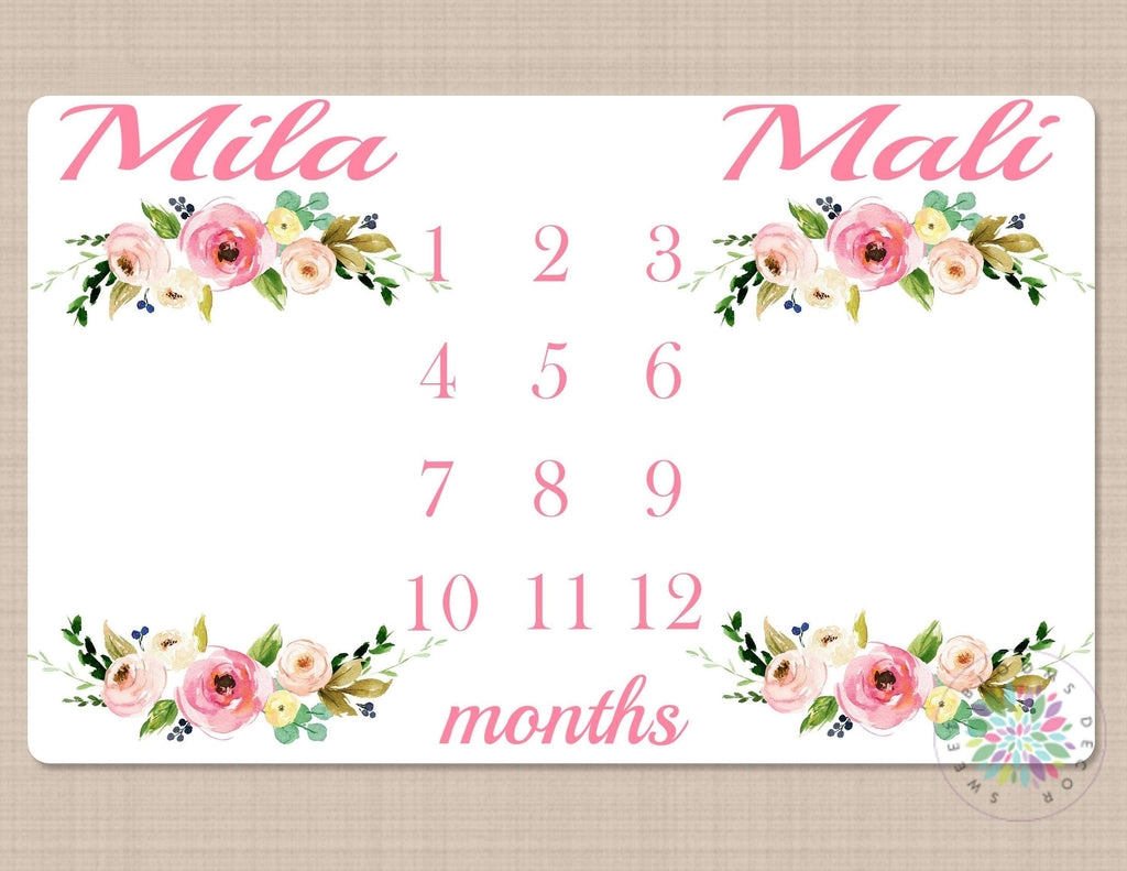 Twins Milestone Blanket Girls Pink Floral Personalized Monthly Nursery Baby Shower Gift Growth Tracker Twin Girls Gift Photo Prop B526-Sweet Blooms Decor