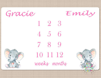 Twins Milestone Blanket Twin Girls Baby Elephant Personalized Monthly Pink Elephants Blanky Nursery Baby Shower Gift Growth Tracker B490-Sweet Blooms Decor