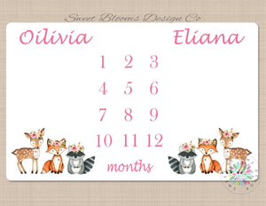 Twins Woodland Animals Milestone Blanket Girls Floral Personalized Monthly Blanket Baby Shower Gift Growth Tracker Photo Prop Blanket B495-Sweet Blooms Decor