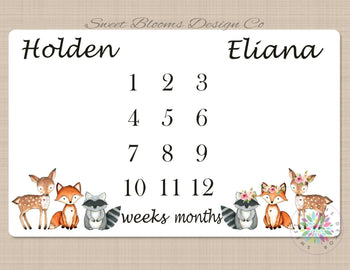 Twins Woodland Milestone Blanket Girl Boy Personalized Monthly Blanket Nursery Baby Shower Gift Growth Tracker Photo Prop Blanket Gift B479-Sweet Blooms Decor