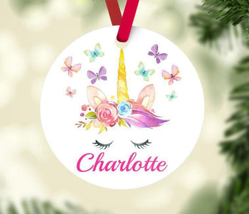 Unicorn Christmas Ornament Personalized Unicorn Baby Girl 1st First Christmas Baby Shower Gift New Baby Holiday Ornament Butterflies
