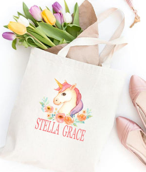 Unicorn Head TOTE BAG Personalized Kids Canvas School Bag Custom Preschool Daycare Toddler Girl Beach Tote Bag Birthday Gift Library T146-Sweet Blooms Decor