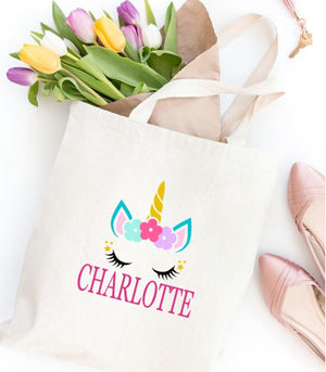 Unicorn Head TOTE BAG Personalized Kids Canvas School Bag Custom Preschool Daycare Toddler Girl Beach Tote Bag Birthday Gift Library T147-Sweet Blooms Decor