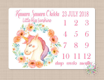 Unicorn Milestone Blanket Girl Monthly Growth Tracker Unicorn Floral Newborn Baby Blanket Unicorn Horse Baby Shower Gift Nurery Bedding B412