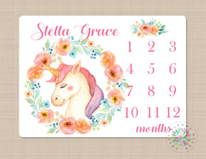 Unicorn Milestone Blanket Monthly Growth Tracker Unicorn Floral Newborn Baby Girl Blanket Unicorn Horse Baby Shower Gift Nurery Bedding B412