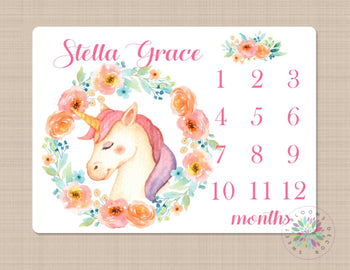 Unicorn Milestone Blanket Monthly Growth Tracker Unicorn Floral Newborn Baby Girl Blanket Unicorn Horse Baby Shower Gift Nurery Bedding B412