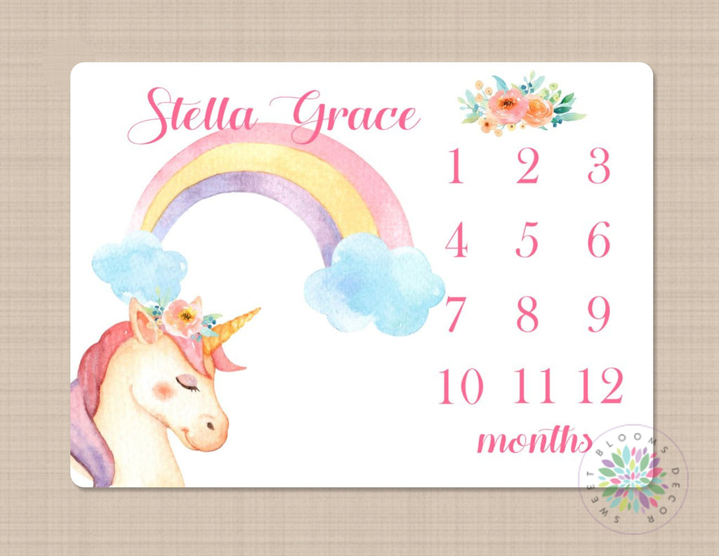 Unicorn Milestone Blanket Monthly Growth Tracker Watercolor Floral Rainbow Coral Pink Newborn Baby Girl Horse Shower Gift Bedding B413