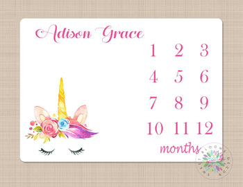 Unicorn Milestone Blanket Monthly Growth Tracker Watercolor Pink Purple Floral Newborn Baby Girl Horse Baby Shower Gift Nurery Bedding B473