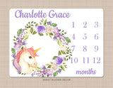 Unicorn Milestone Blanket Purple Lavender Floral Wreath Girl Monthly Growth Tracker Newborn Girl Name Blanket Flowers Baby Shower Gift B878