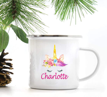 Unicorn Personalized Kids Camp Mug Camping Watercolor Custom Children's Drinkware Metal Mug Birthday Favor Gifts M102