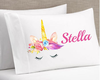 Unicorn Pillowcase Personalized Watercolor Unicorn Pillow Case Unicorn Bedroom Decor Standard Pillow Case Kids Pillow Girl's Room Decor P101-Sweet Blooms Decor