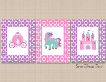 Unicorn Princess Nursery Wall Art Wall Decor Pink Purple Teal Castle Carriage Flowers Floral Bedroom Decor Baby Shower C248-Sweet Blooms Decor