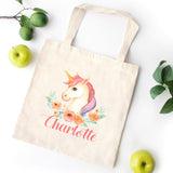 Unicorn TOTE BAG Personalized Kids Canvas School Bag Custom Preschool Daycare Toddler Girl Beach Tote Bag Birthday Gift Library T112-Sweet Blooms Decor