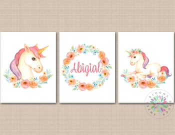 Unicorns Girl Nursery Wall Art Pink Coral Floral Flowers Nursery Decor Name Monogram Baby Shower Gift Girl UNFRAMED 795-Sweet Blooms Decor