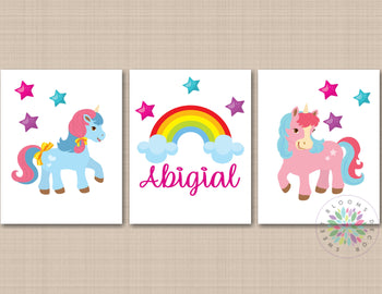 Unicorns Girl Nursery Wall Art Rainbow Clouds Stars Nursery Decor Name Monogram Baby Shower Gift Girl Bedroom Decor 796-Sweet Blooms Decor