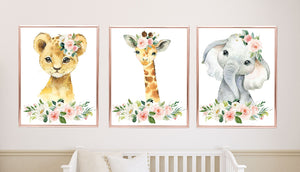 Jungle Animals Nursery Wall Art Watercolor Girl Blush Pink Coral Roses Floral Safari Boho Flowers Gift Baby Room Decor PRINTS OR CANVAS C972 