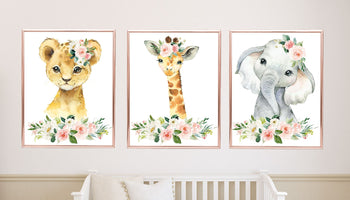 Jungle Animals Nursery Wall Art Watercolor Girl Blush Pink Coral Roses Floral Safari Boho Flowers Gift Baby Room Decor PRINTS OR CANVAS C972 