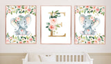 Elephant Baby Girl Floral Nursery Wall Art Blush Pink Coral Flowers with Name Decor C868