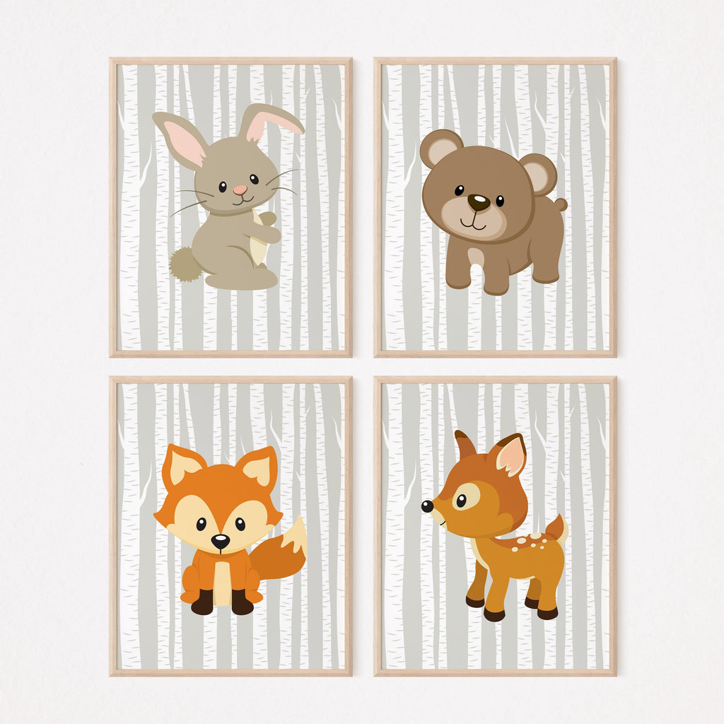 Woodland Animals Nursery Wall Art, Gray Birch Trees Forest Animals Bear Fox Deer Bunny Modern Baby Boy Bedroom Decor