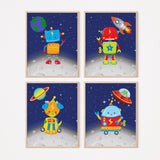 Space Robots Planets Nursery Wall Art, Baby Boy Bedroom Decor Playroom Wall Art Earth Night Sky Baby Shower Gift