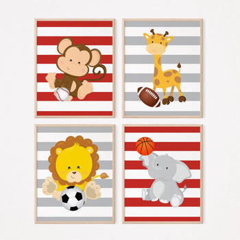 Safari Animals Sports Nursery Wall Art, Red Gray Stripes Baby Boy Future All Star Soocer Football Basketball Baseball PRINTS OR CANVAS C595