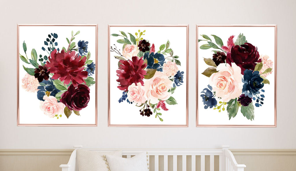 Floral Wall Art Watercolor Burgundy Red Navy Blue Blush Pink Modern Flowers Roses Baby Nursery Bedroom Decor