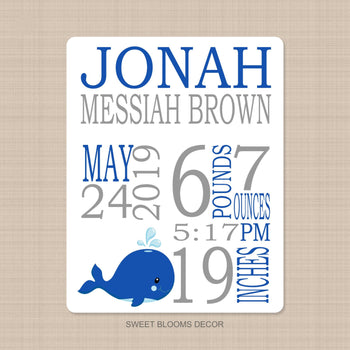 Whale Baby Boy Name Blanket Personalized Birth Announcenent Blue Gray Birth Stats Baby Shower Gift Nursery Bedding Decor Sea Animals B1055